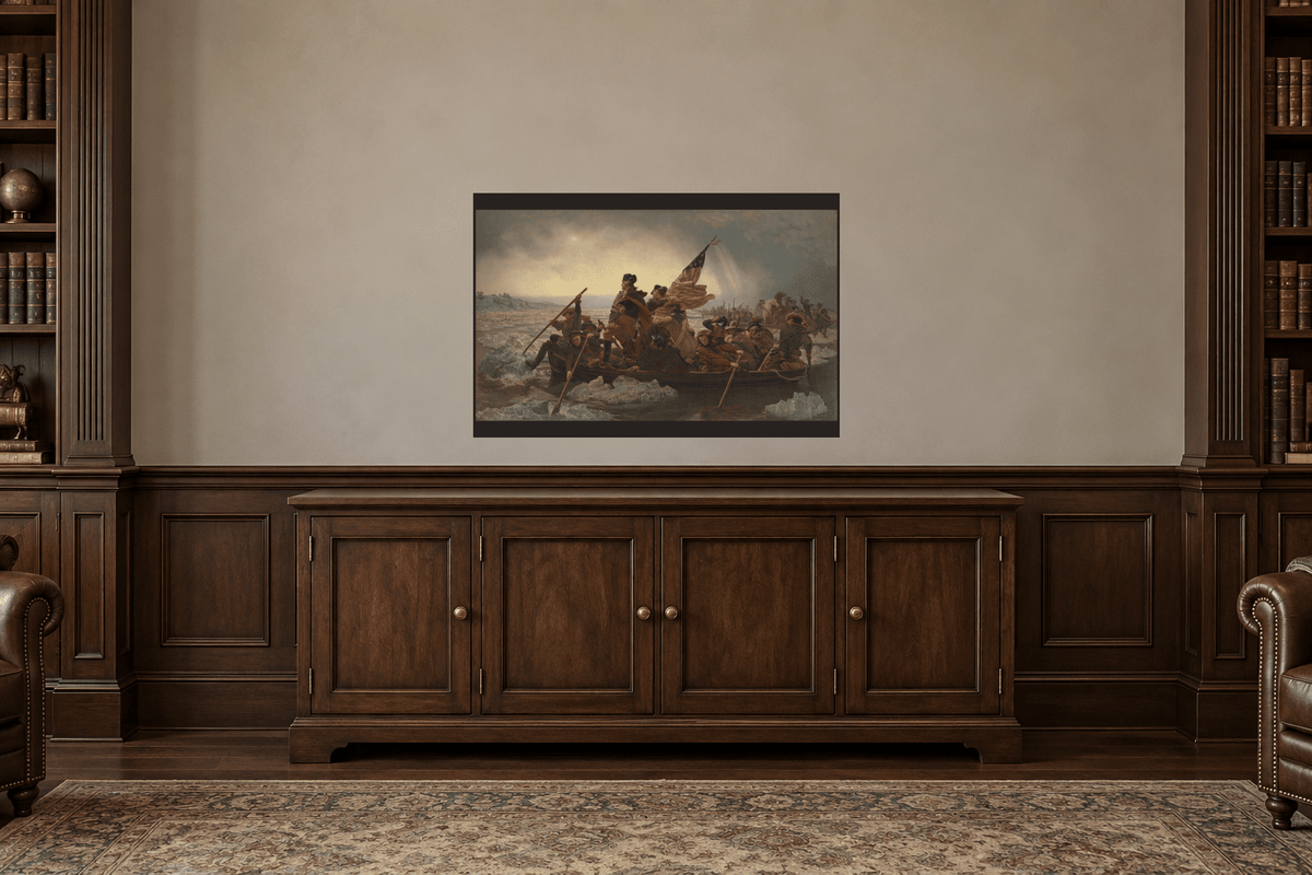 Washington Crossing the Delaware American history wall art displayed in a traditional home office